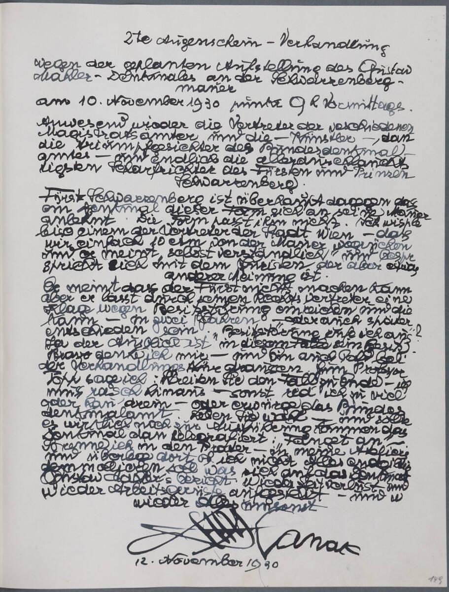 Anton Hanak, Tagebucheintrag: 2te Augenschein - Verhandlung, Inv. Nr.: 36080/4/149