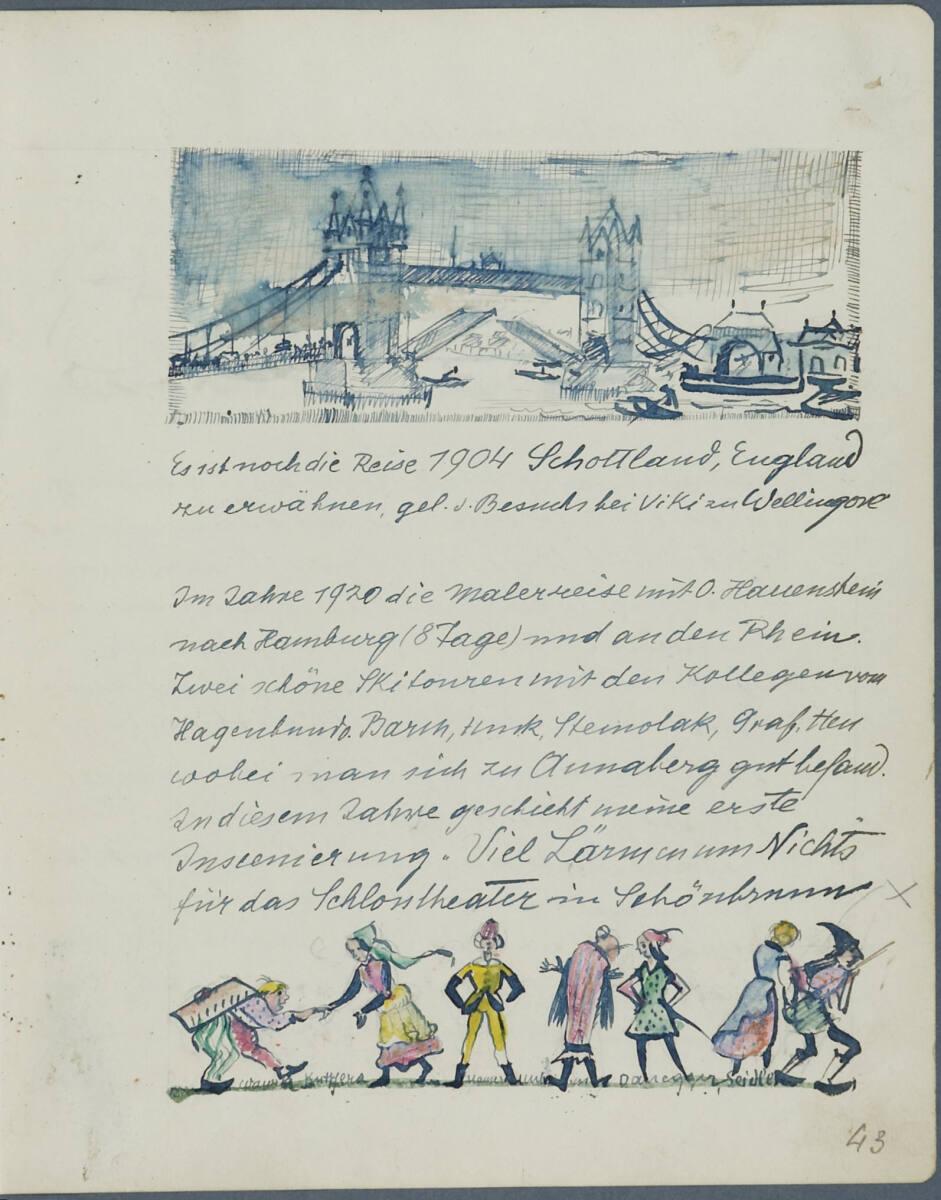 Oskar Laske, "Es ist noch die Reise 1904 Schottland, England zu erwähnen..."; zwei Illustration…