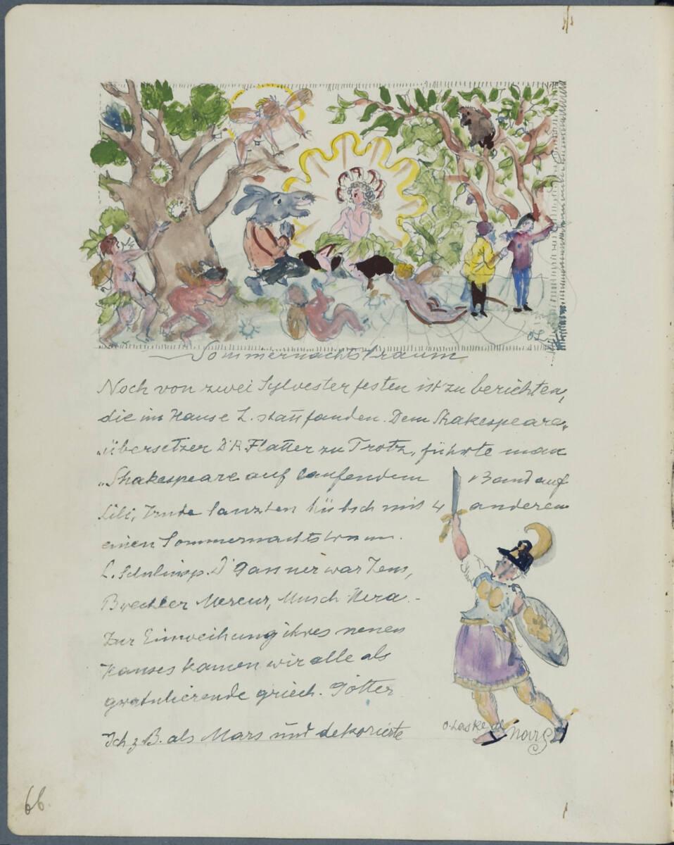 Oskar Laske, "Noch von zwei Sylvesterfesten ist zu berichten..."; Illustration einer Aufführung…