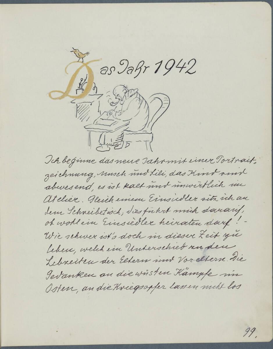 Oskar Laske, "Das Jahr 1942. Ich beginne das neue Jahr mit einer Porträtzeichnung..."; Initiale…