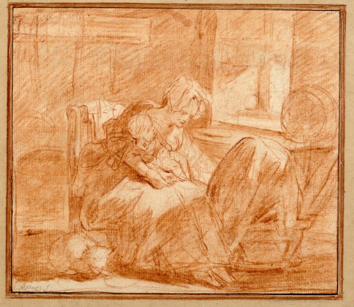 Frau mit Kind und Katze an einer Wiege, Jean-Baptiste Greuze