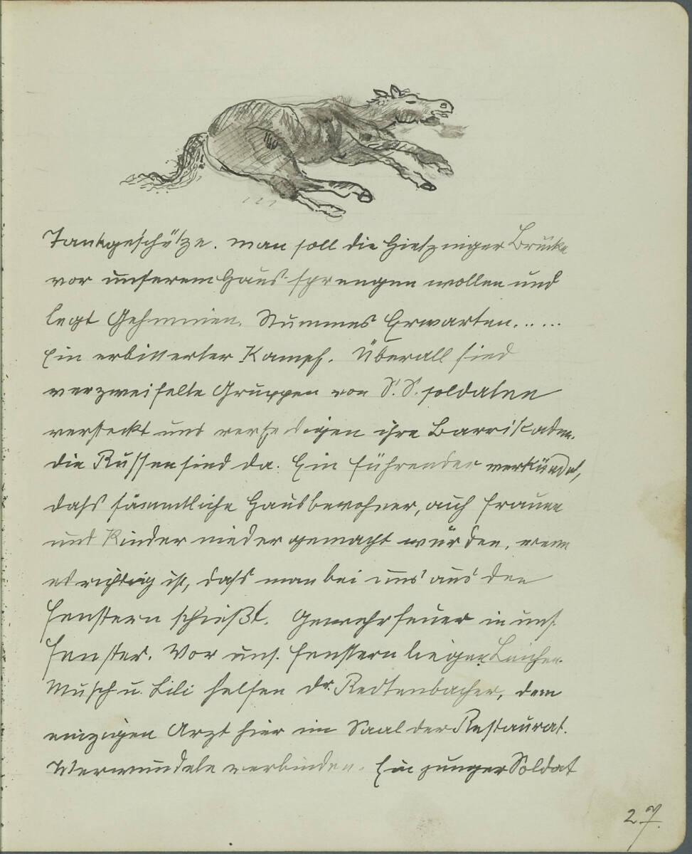 Oskar Laske, "Tankgeschütze. man soll die..."; Illustration eines toten Pferdes, Inv. Nr.: 3500…