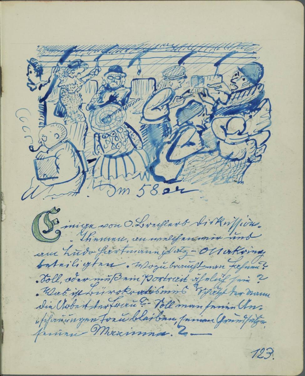 Oskar Laske, "Einige von O. Brechlers Diskussionsthemen,..."; Illustration einer Szene in der S…
