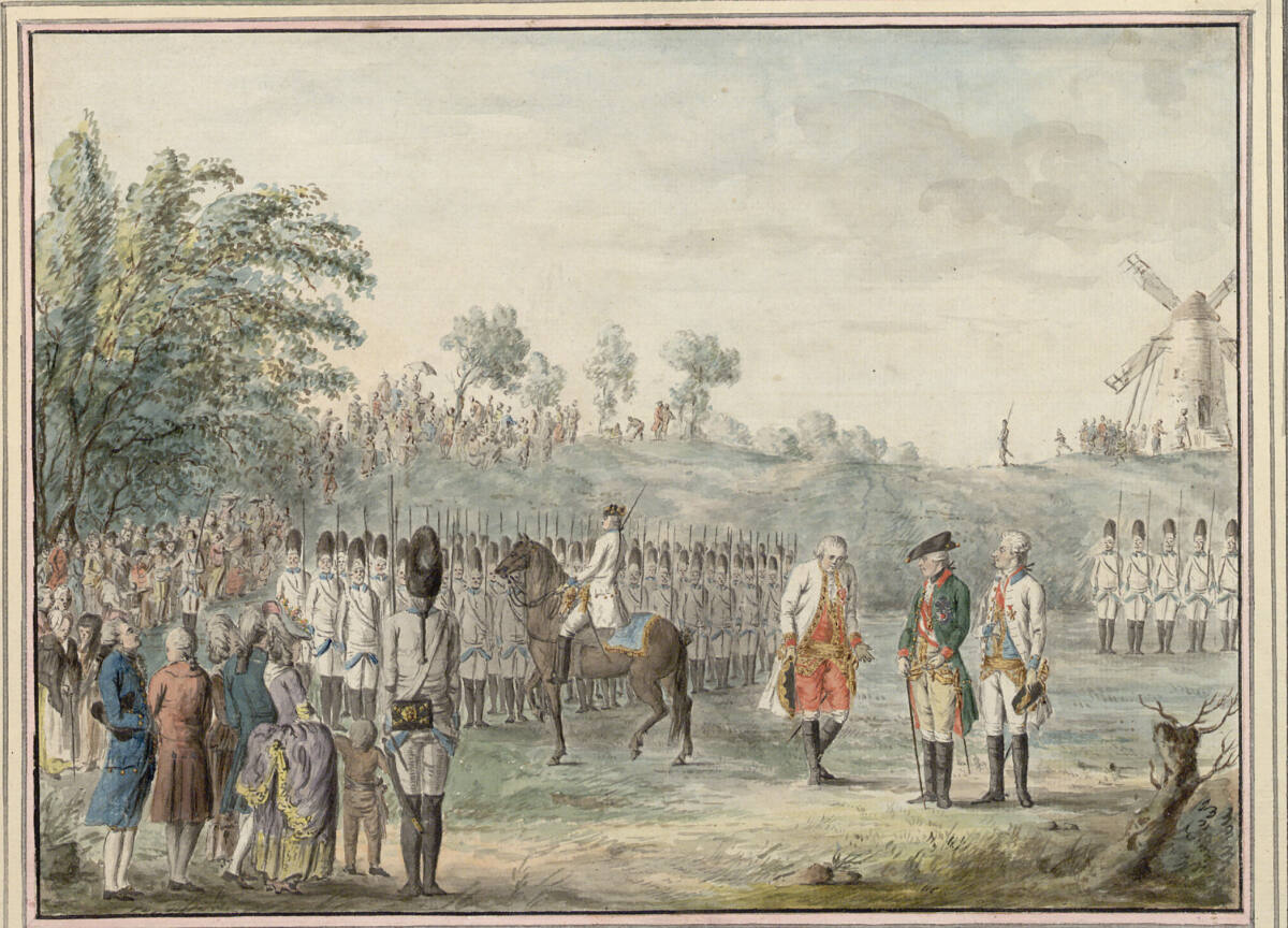 Parade der wallonischen Grenadiere vor Kaiser Joseph II., Fürst Charles Joseph de Ligne und Feldmarschalleutnant Murray de Melgum am 26. Juni 1781 bei Brüssel, Sauveur Legros, 1781
