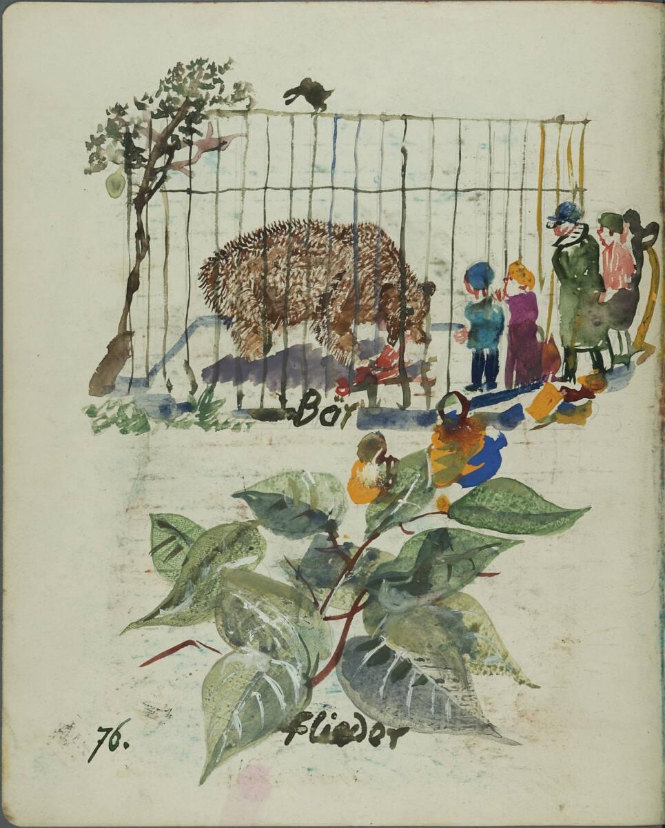 Oskar Laske, Illustration einer Szene im Tierpark vor dem Bärengehege; Flieder, Inv. Nr.: 35007…