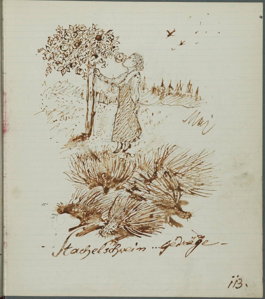 Oskar Laske, Skizze einer Frau im Garten, im Vordergrund Stachelschweine, Inv. Nr.: 35007/4/113