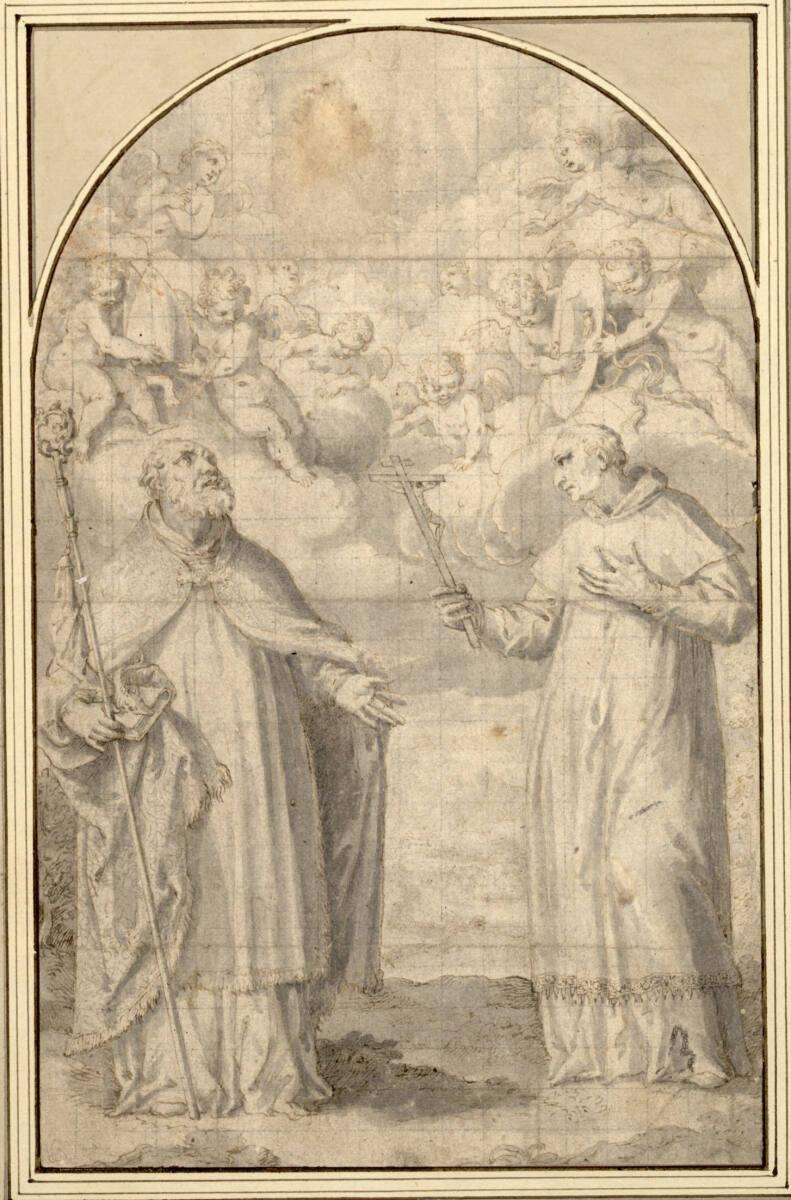 Francesco Vanni, Zwei Heilige mit Engeln. (Links der heilige Ambrosius, die Infula über seinem …