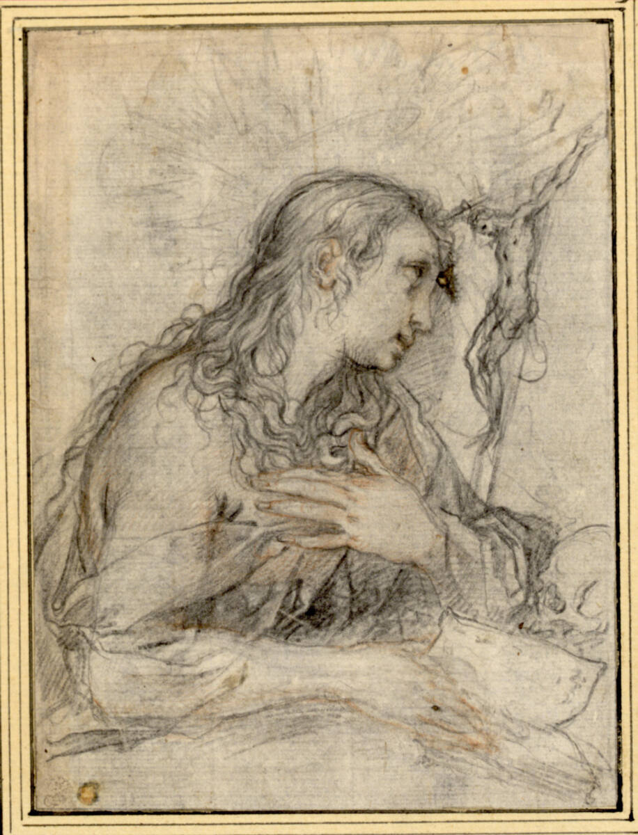 Die heilige Magdalena in Halbfigur mit Strahlenkranz; Kruzifix, Totenschädel und Buch sind rechts angeordnet, Francesco Vanni