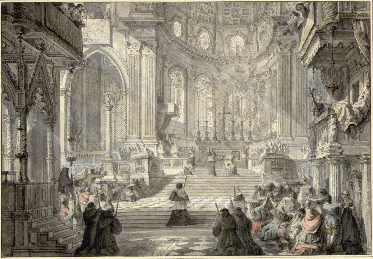 Blick ins Innere der Kathedrale San Gennaro in Neapel, Louis Jean Desprez, 1779–1780