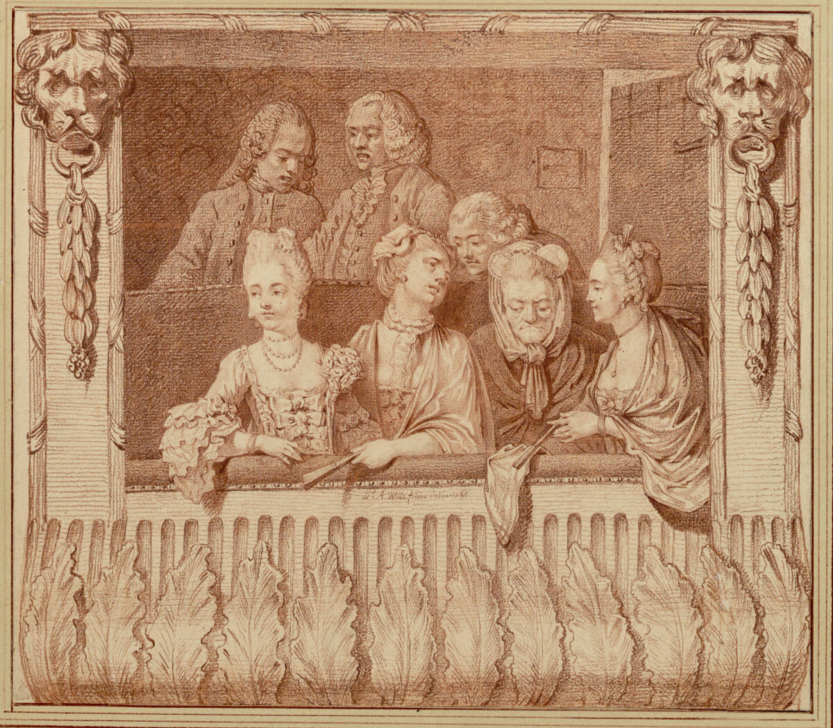 Theaterloge mit 3 Männern, einer alten und 3 jüngeren Damen, Pierre Alexandre Wille, 1766