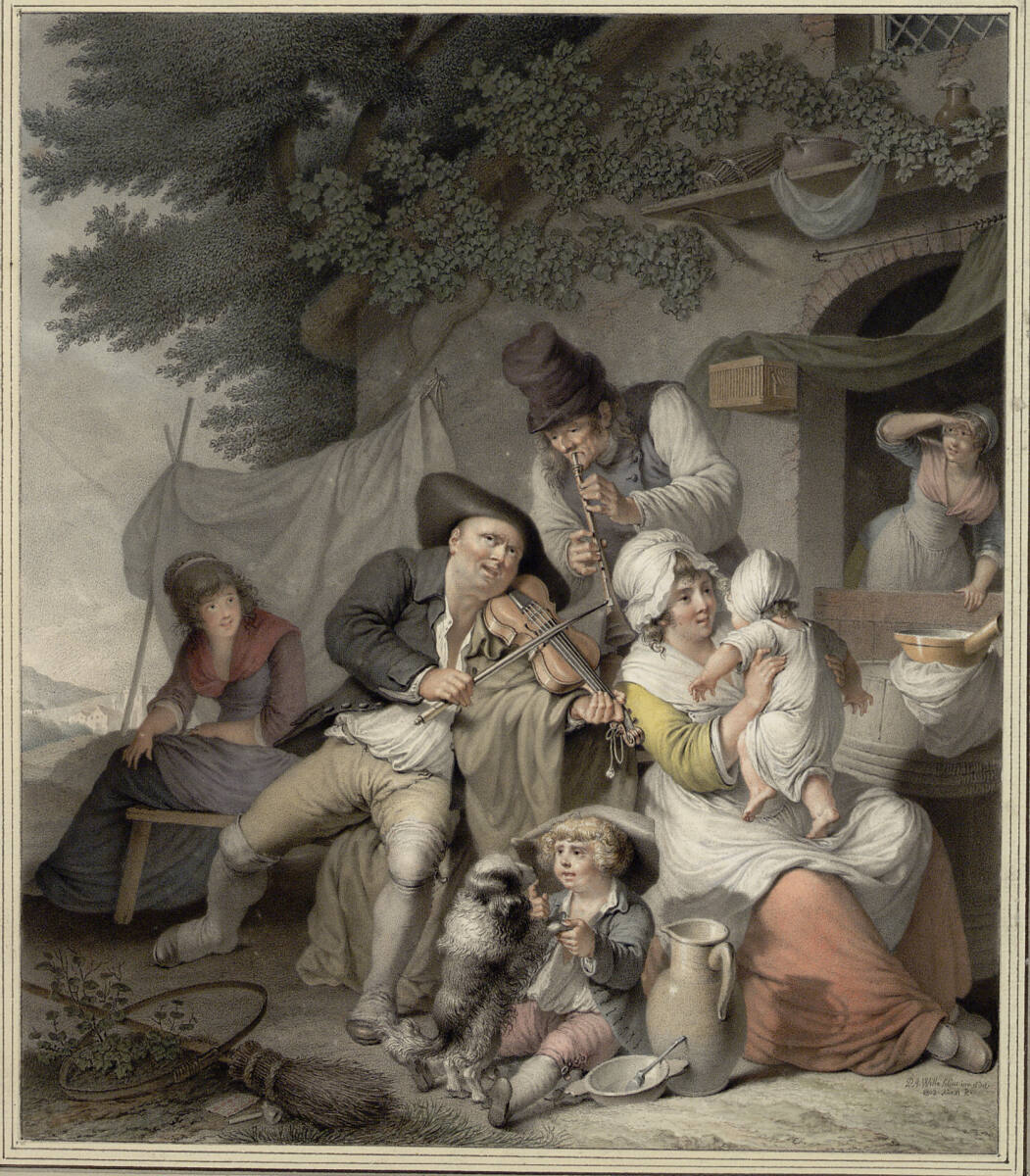 Bauernfamilie vor ihrem Haus mit 2 Musikanten, Pierre Alexandre Wille, 1803