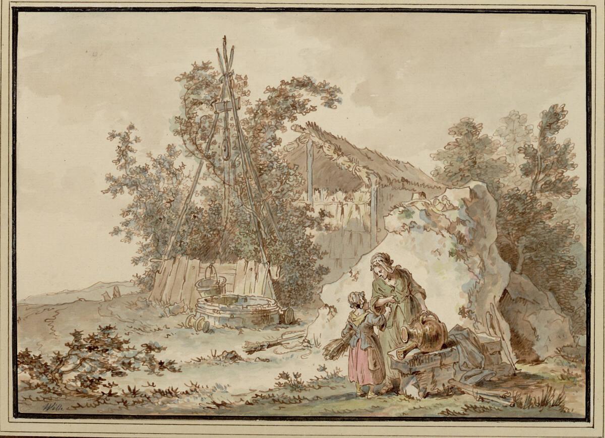Johann Georg Wille, Landschaft mit Genreszene: Strohhütte, Brunnen, großer Felsbrocken, auf dem…