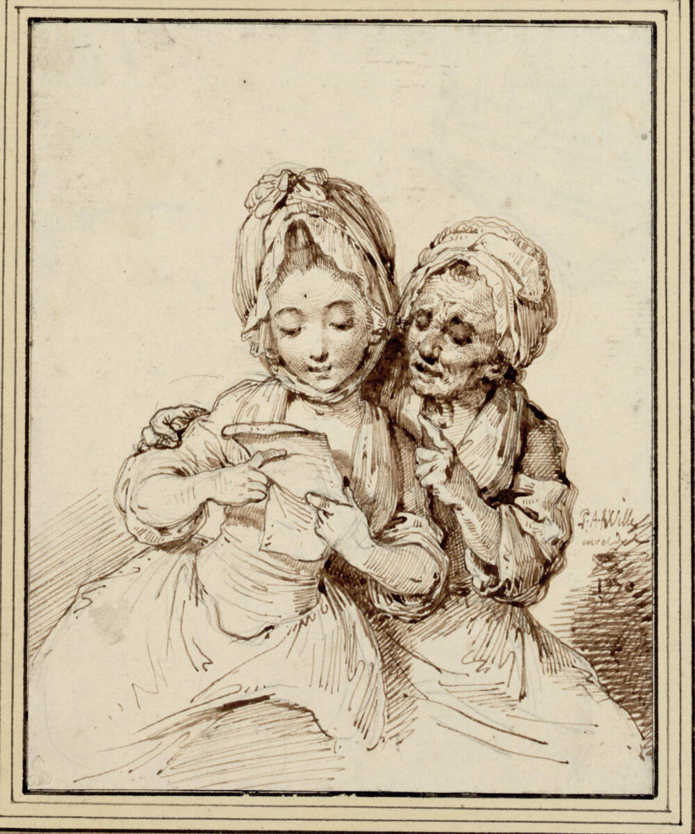 Junges Mädchen mit einer alten Frau gemeinsam einen Brief lesend, Pierre Alexandre Wille, 1770