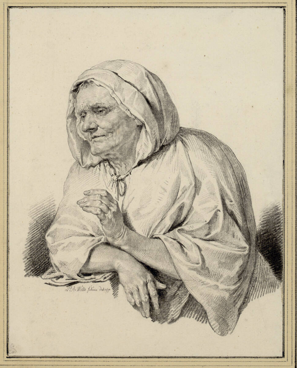 Porträtbüste einer alten Frau, die auf einer Brüstung lehnt, Pierre Alexandre Wille, 1771