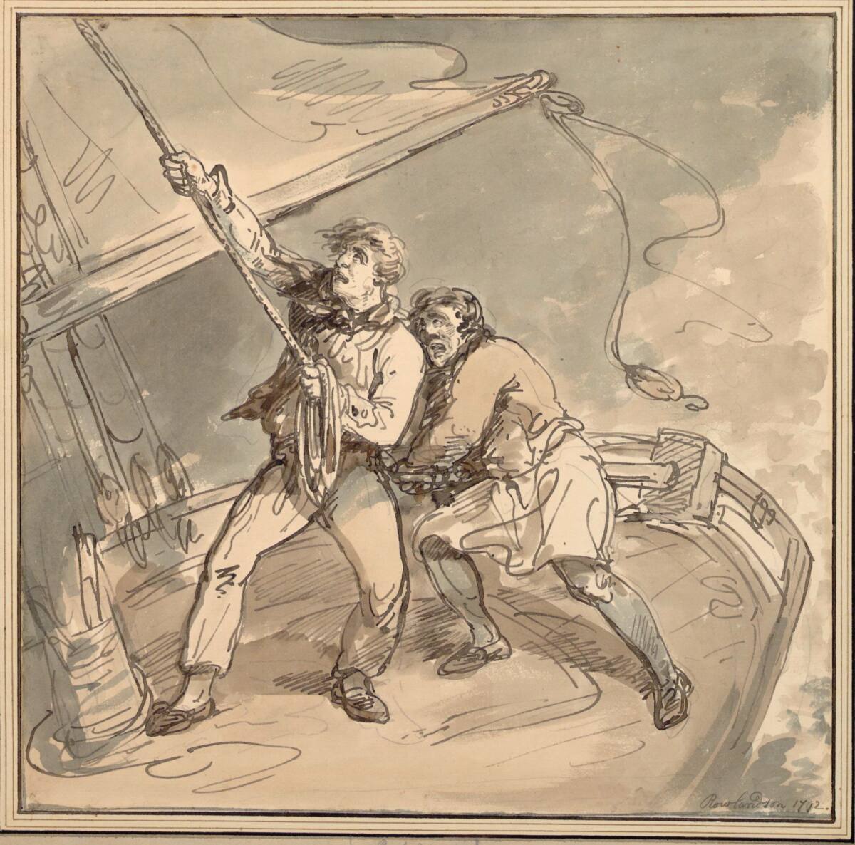 Zwei Matrosen auf dem Heck eines Schiffes manövrieren bei Sturm Segel und Pinne, Thomas Rowlandson, 1792