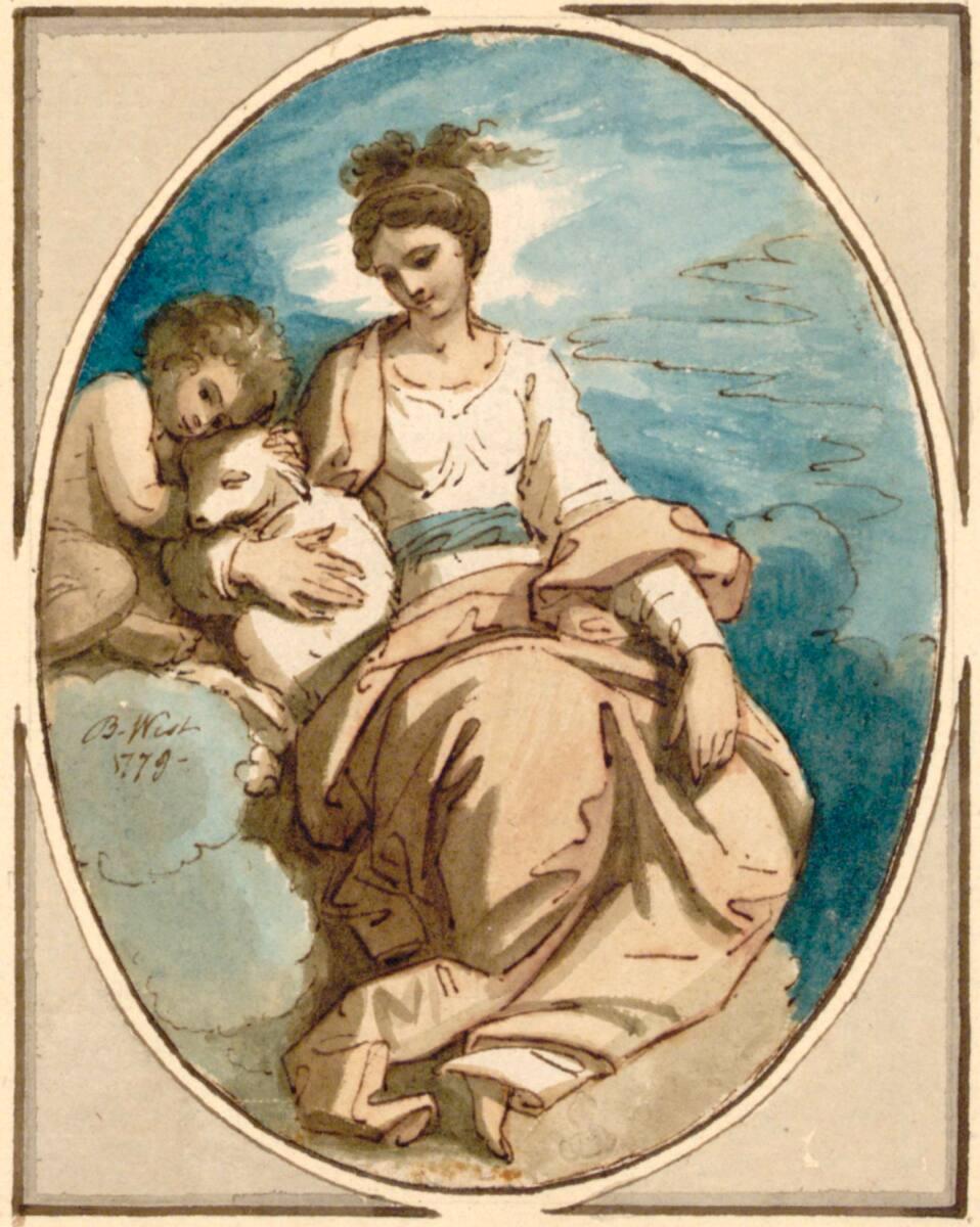 Benjamin West, Junge Frau mit Kind und Lamm auf Wolken, Inv. Nr.: 13051