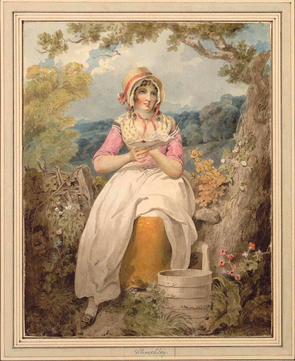 In Gedanken versunkenes Bauernmädchen mit geöffnetem Brief in Waldlandschaft auf einem Zaunübergang sitzend, Francis Wheatley