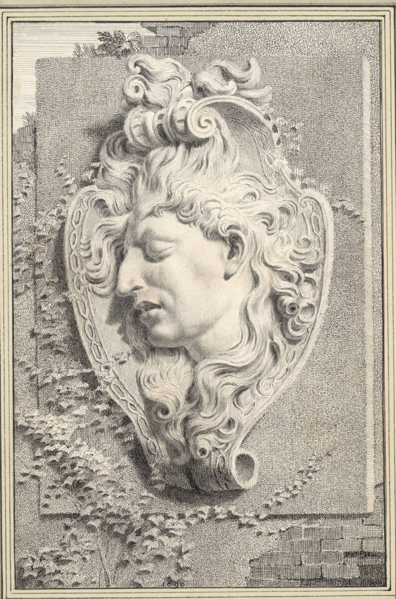 Kopfkartusche an ruinöser, teils überwucherter Mauer, Andreas Schlüter, 1696
