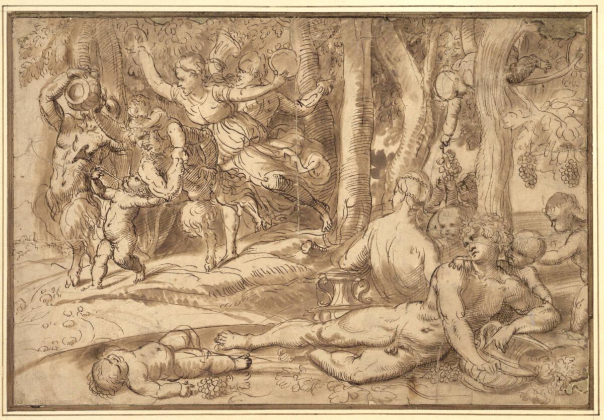 Anonym, Lagernde Liebespaare und schwärmende Bacchen, Satyrn und Putten in einer Baumlandschaft…