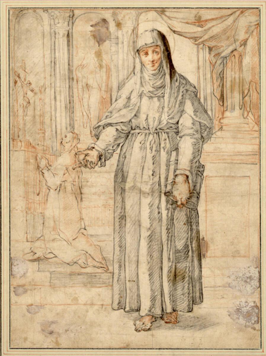 Francesco Vanni, Die heilige Katharina von Siena, nach vorne schreitend, ein Buch in der Linken…