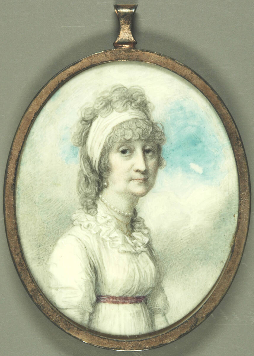 Ältere Dame in weißem Kleid mit rotem Gürtel, Richard Cosway, 1798