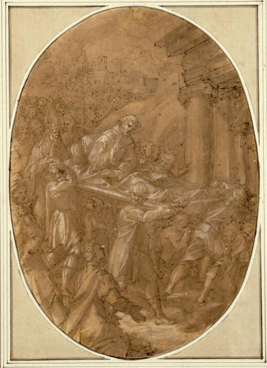 Giovanni Mauro della Rovere, gen. il Fiamminghino, Ein Mönch wird auf einer Bahre mit aufgerich…