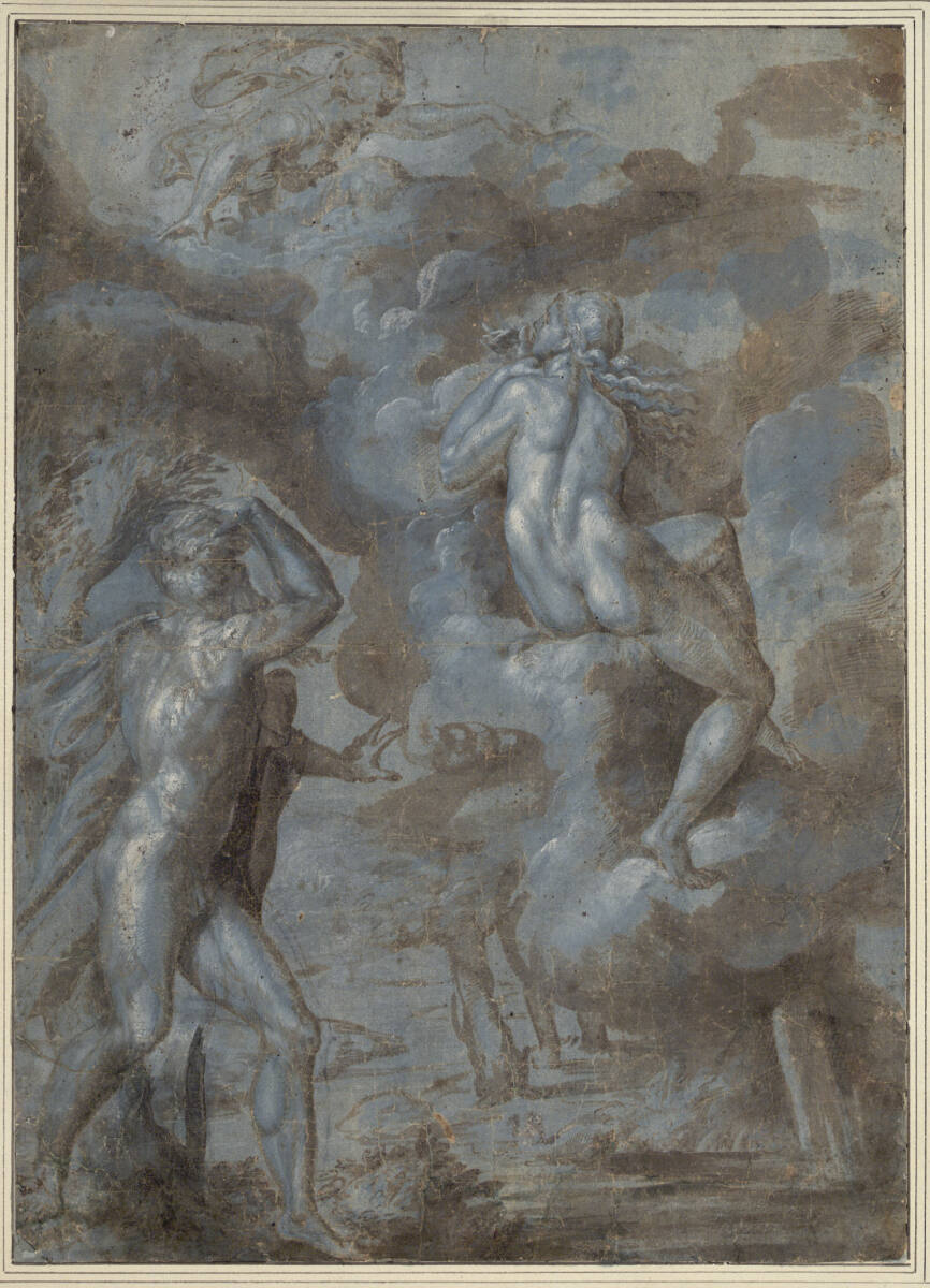 Mythologische Szene. (Eine Nymphe, von einem Mann verfolgt, wird von Diana, die darüber schwebt, auf Wolken gehoben und vor ihm geschützt), Lombardisch