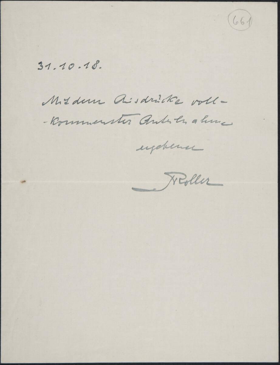 Kondolenzschreiben von Alfred Roller an Egon Schiele, vom 31. Oktober 1918, Inv. Nr.: ESA661