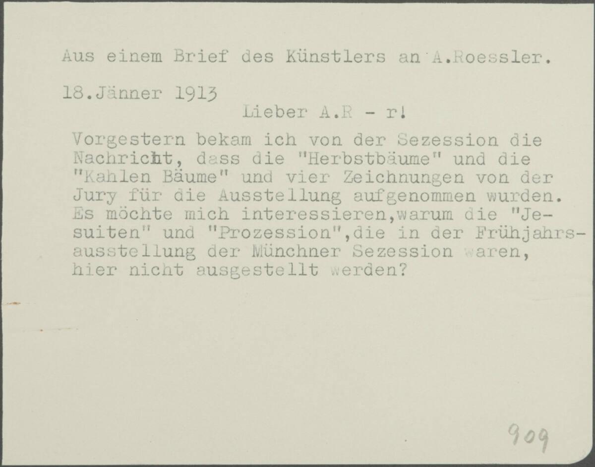 Abschrift eines Briefes von Egon Schiele an Arthur Roessler vom 18. Jänner 1913, Inv. Nr.: ESA9…