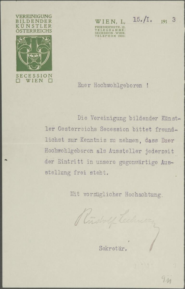 Brief der Vereinigung bildender Künstler Secession Wien (Rudolf Lechcner) an Egon Schiele vom 1…
