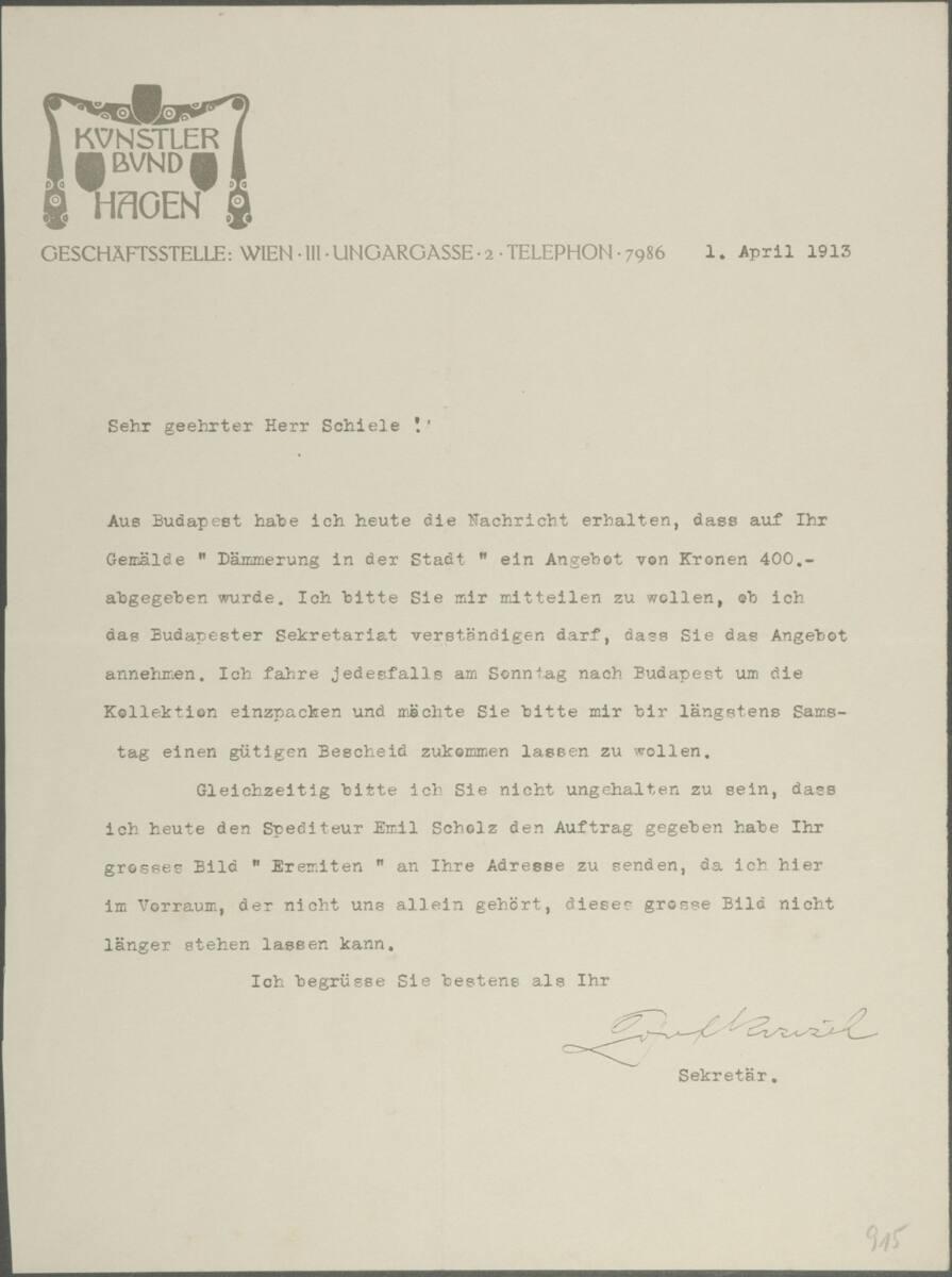 Brief vom Hagenbund Wien (Josef Krzizek) an Egon Schiele vom 1. April 1913, Inv. Nr.: ESA915