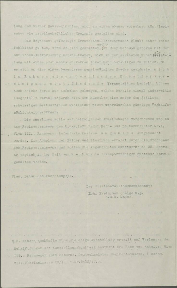 Brief vom K.u.k. Infanterieregiment Hoch- und Deutschmeister an Egon Schiele vom Februar 1918, …