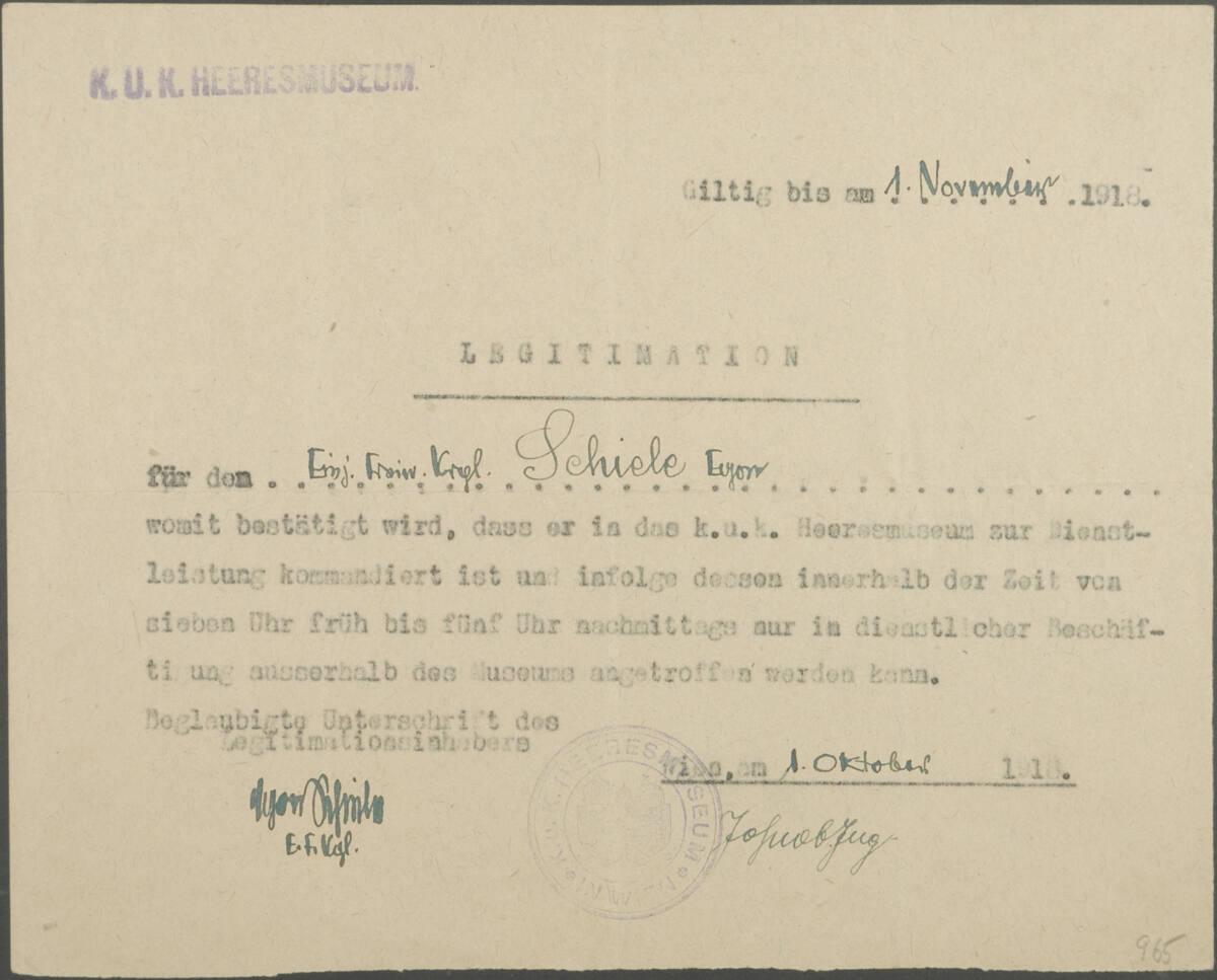 Legitimation vom K. u. K. Heeresmuseum, handschriftlich von Egon Schiele ausgefüllt, Inv. Nr.: …