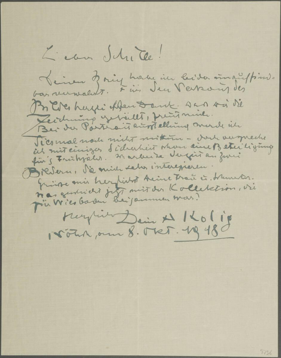 Brief von Anton Kolig an Egon Schiele vom 8. Oktober 1918, Inv. Nr.: ESA973b