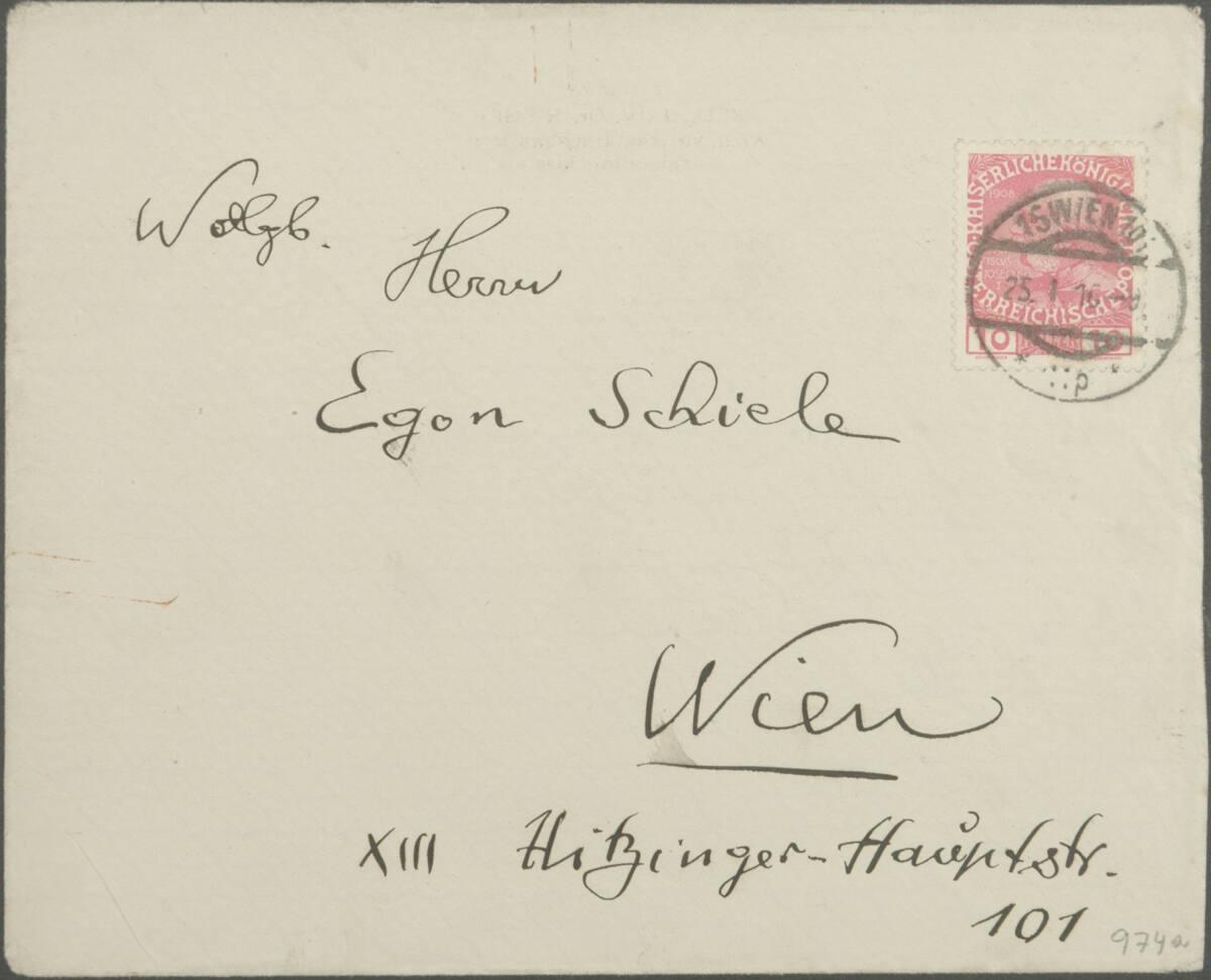 Briefumschlag mit Adresse Egon Schieles, Inv. Nr.: ESA974a/recto