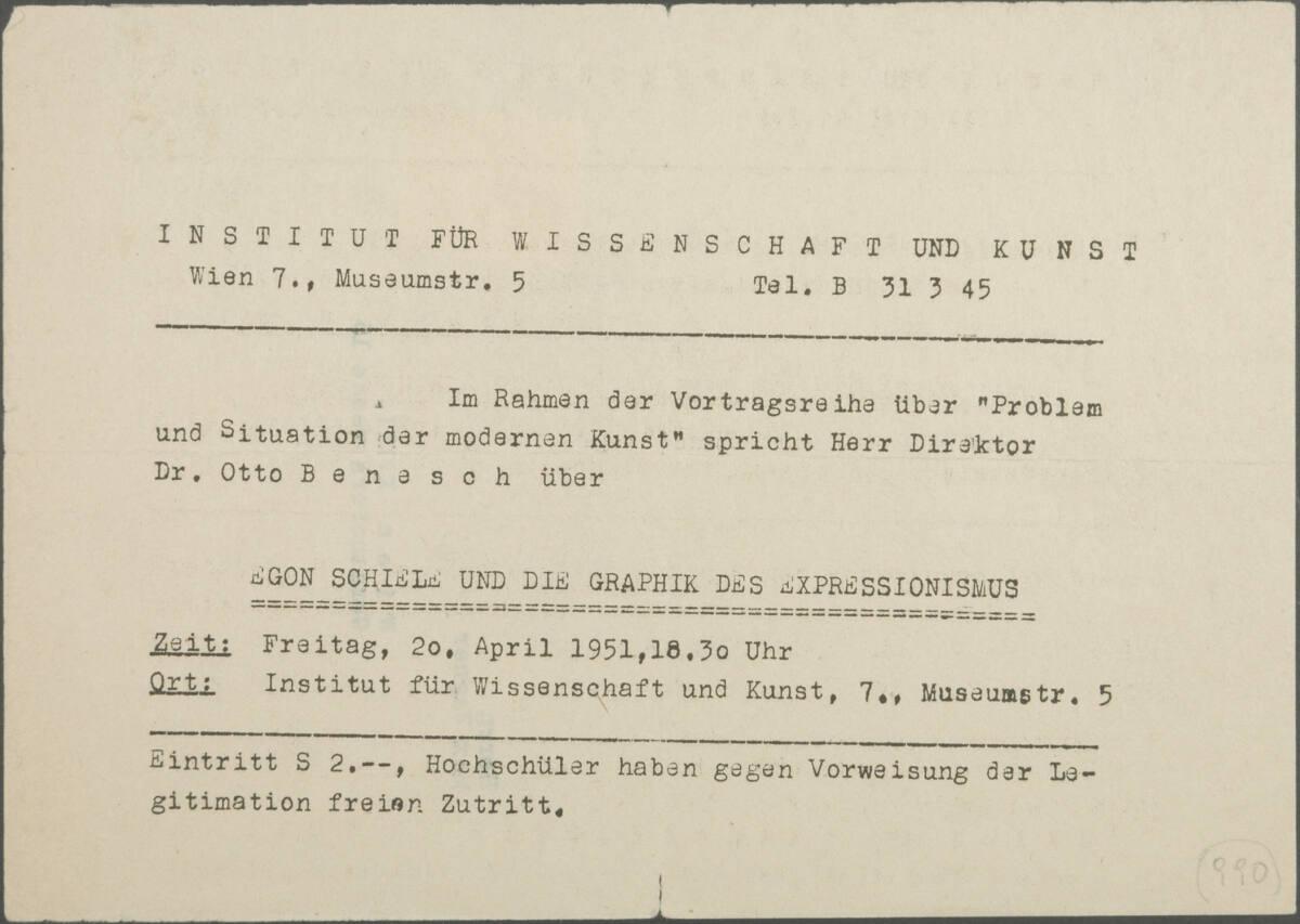 Einladung vom Institut für Wissenschaft und Kunst in Wien zu einem Vortrag über Egon Schiele an…