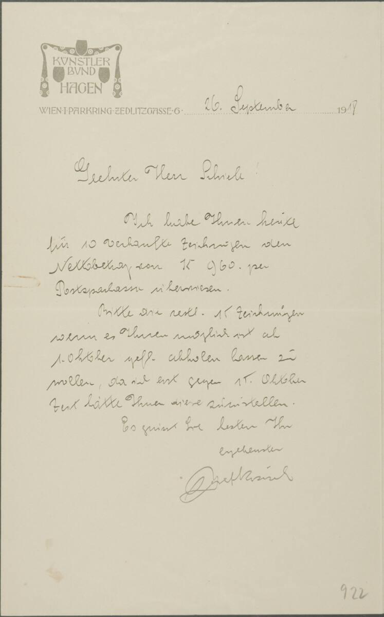 Brief vom Hagenbund Wien (Josef Krzizek) an Egon Schiele vom 26. September 1918, Inv. Nr.: ESA9…