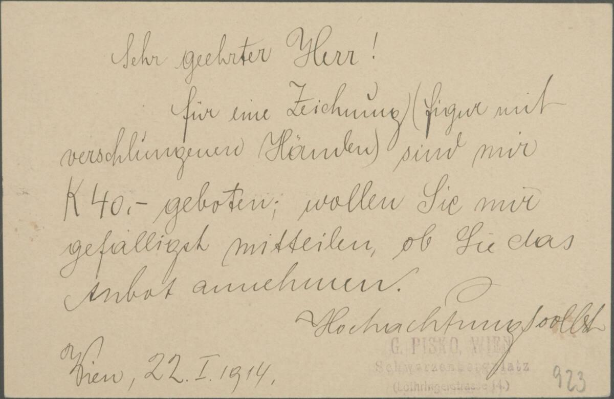 Postkarte vom Kunstsalon Pisko an Egon Schiele vom 22. Jänner 1914, Inv. Nr.: ESA923r