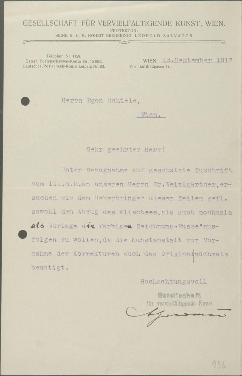 Brief der Gesellschaft für vervielfältigende Kunst an Egon Schiele vom 13. September 1917, Inv.…