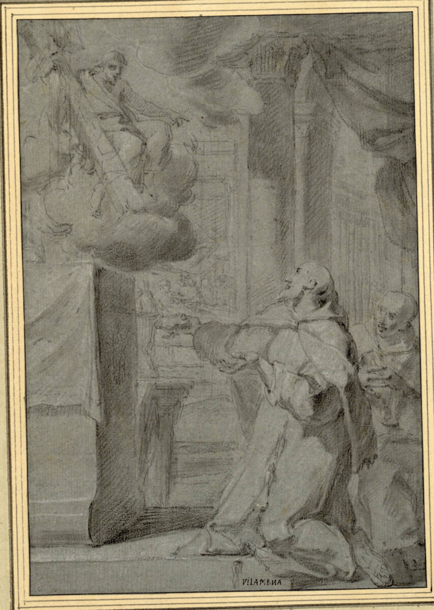 Ein heiliger Priester vor Christus; rechts kniet ein betender Geistlicher in einem Kirchenschiff, Francesco Villamena