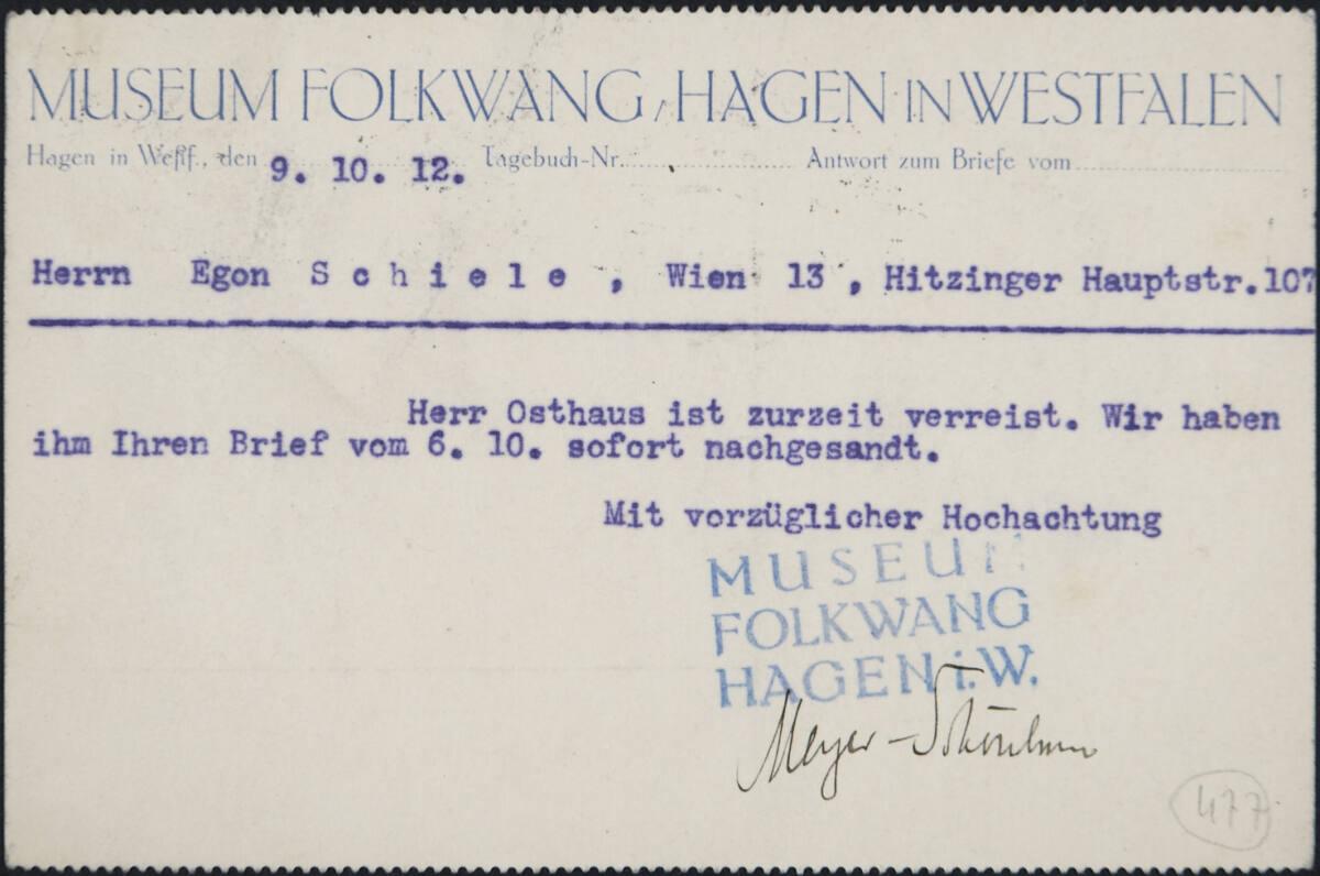 Postkarte von Fritz Meyer-Schönbrunn, Museum Folkwang, an Egon Schiele vom 9. Oktober 1912, Inv…