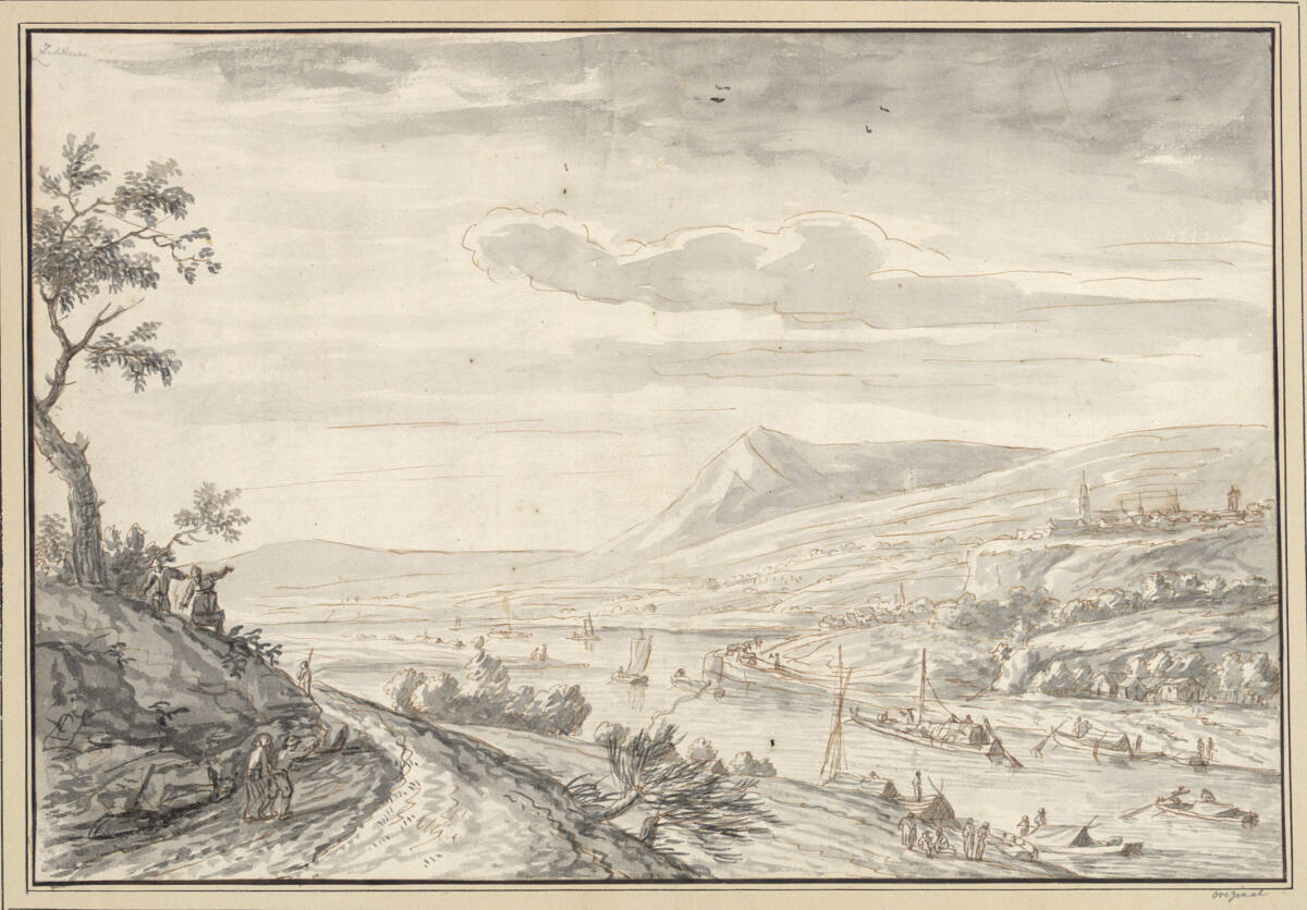 Rheinlandschaft mit Kähnen und Bergstraße, Herman Saftleven