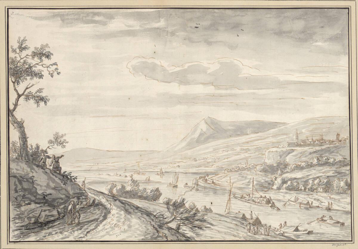 Rheinlandschaft mit Kähnen und Bergstraße, Inv. Nr.: 13404