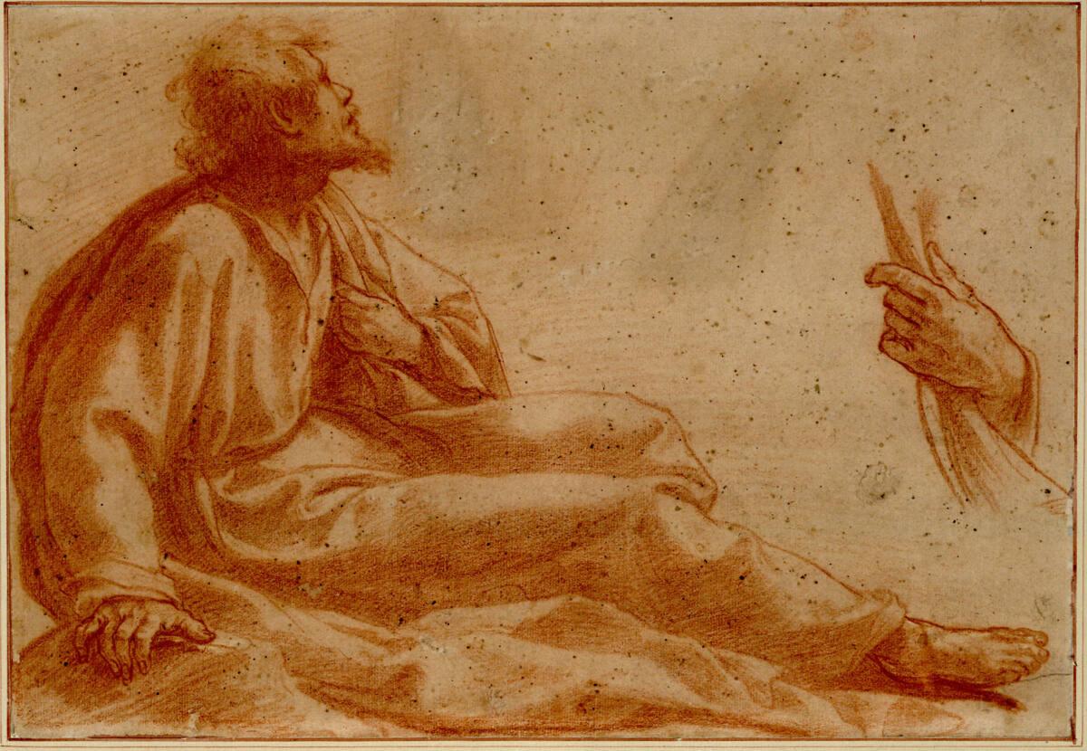 Matteo Rosselli, Studie eines nach rechts auf dem Boden sitzenden Mannes, den Kopf mit kurzem S…