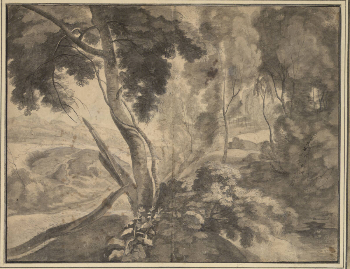 Waldinneres mit Ausblick auf eine Hügellandschaft, Jacques Fouquier