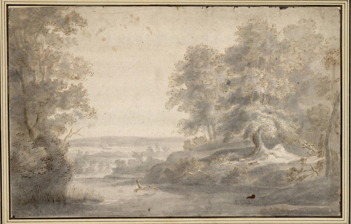 Jacques  Fouquier, Waldlandschaft mit stillem Gewässer und Hirschjagd, Inv. Nr.: 13414