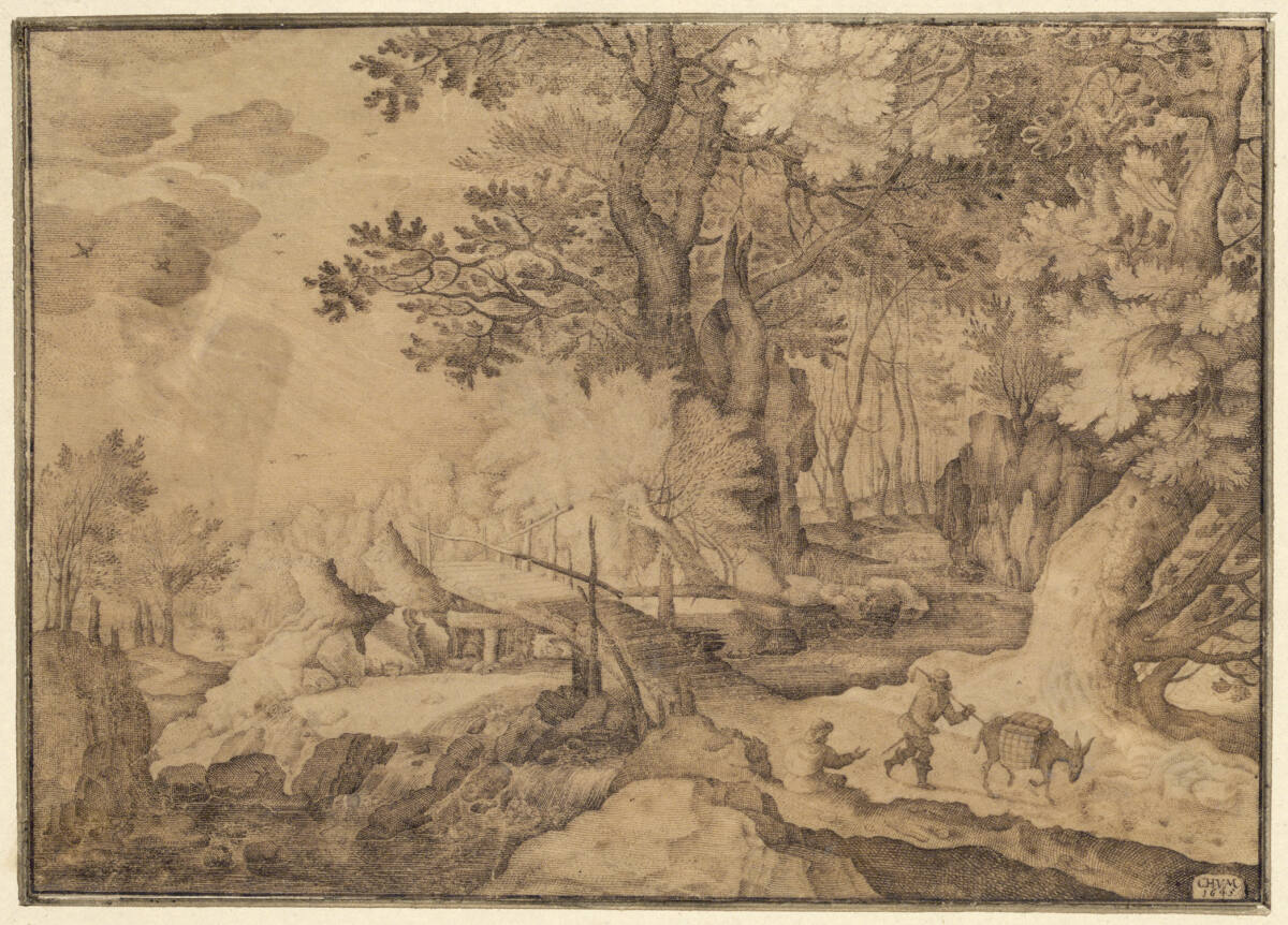 Anonym, Waldlandschaft mit Holzbrücke und Eseltreiber