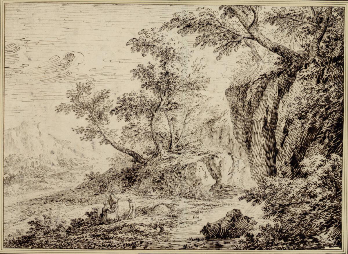 Felslandschaft mit Bäumen; in der Mitte scheint ein Wanderer zwei Rastende nach dem Weg zu frag…