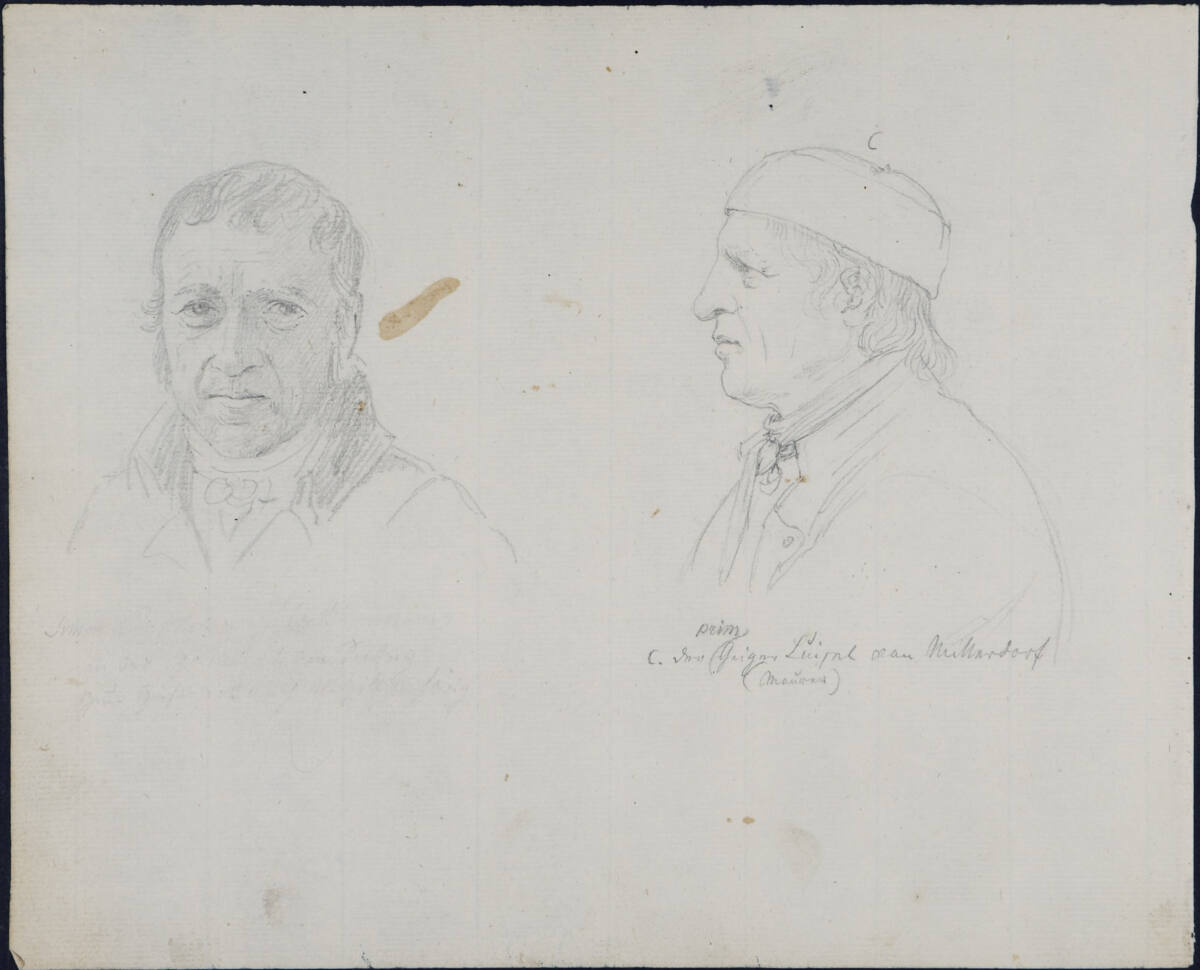 Zwei Porträtköpfe (links: Johann Adam Rosenblattl, Leib-Jäger von Erzherzog Johann; rechts: der Geiger Luipl aus Mitterdorf), Carl Gauermann