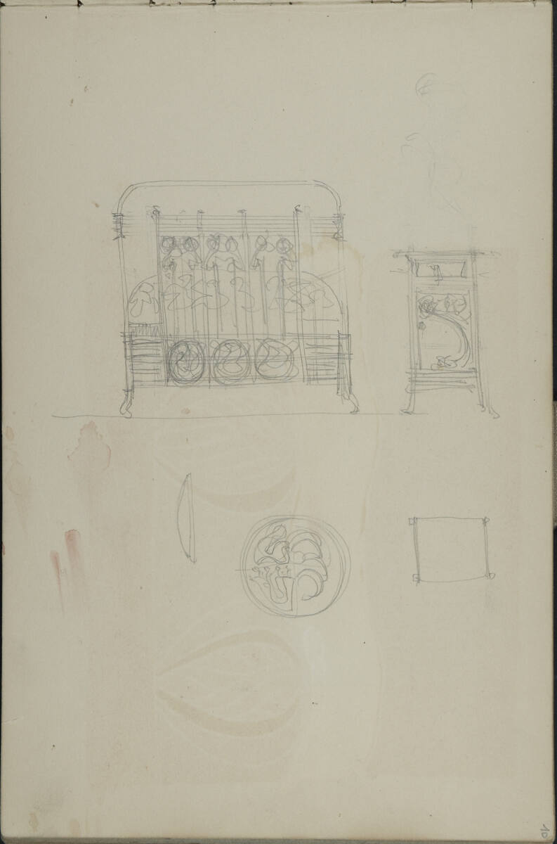Studie eines Fußteils eines Bettes mit floralem Ornament und eines Nachtkästchens, Leopold Bauer, 1898